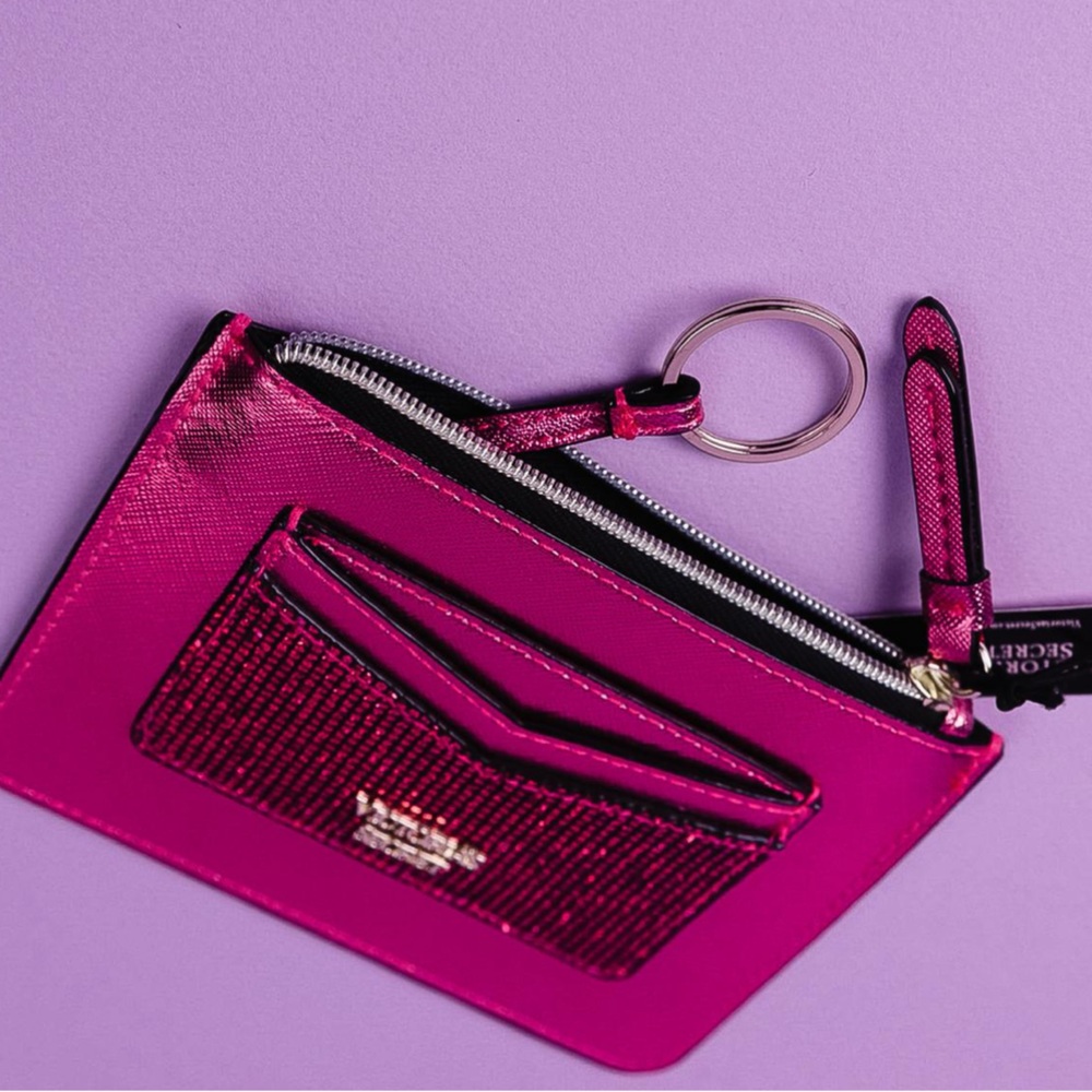 Victoria Secret hot pink shimmer card holder wallet with keychain